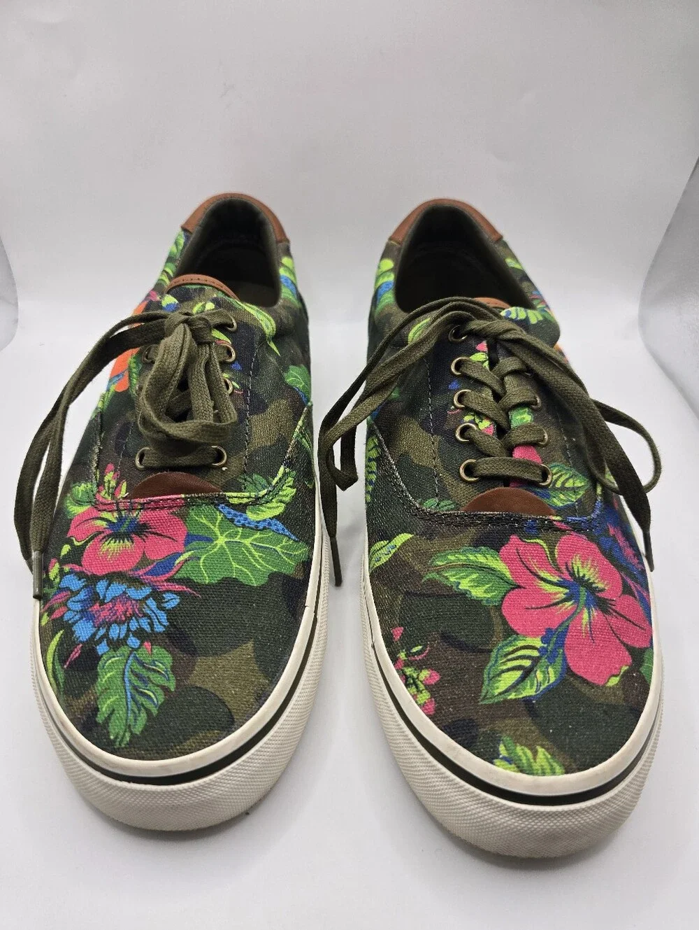 Polo Ralph Lauren Green Tropical Floral Camo Deck Sneakers. Mens 10 D